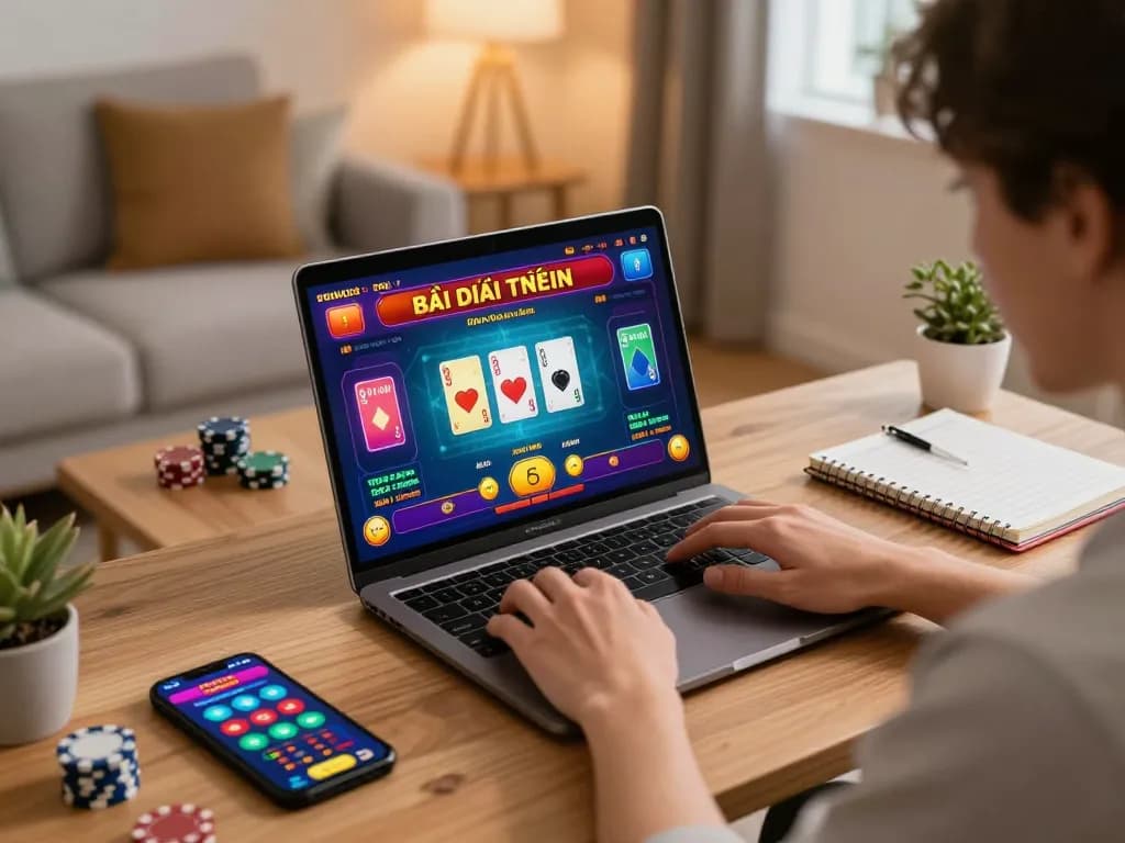 Engaged player enjoying game bài đổi thưởng on laptop, surrounded by strategic notes and devices.