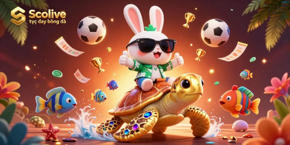 Socolive trực tiếp bóng đá scene with a lucky rabbit and golden turtle amidst vibrant sports betting graphics.