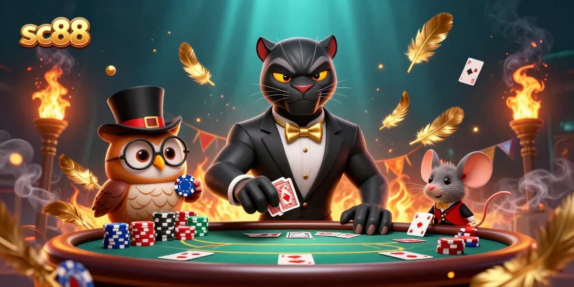 Experience the thrill of sc88 as a stylish black panther deals cards at a lively poker table.