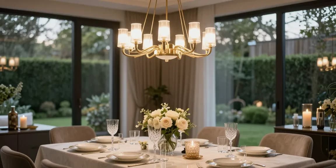 Candelabru LED elegant într-un dining room modern, cu masă decorată rafinat.