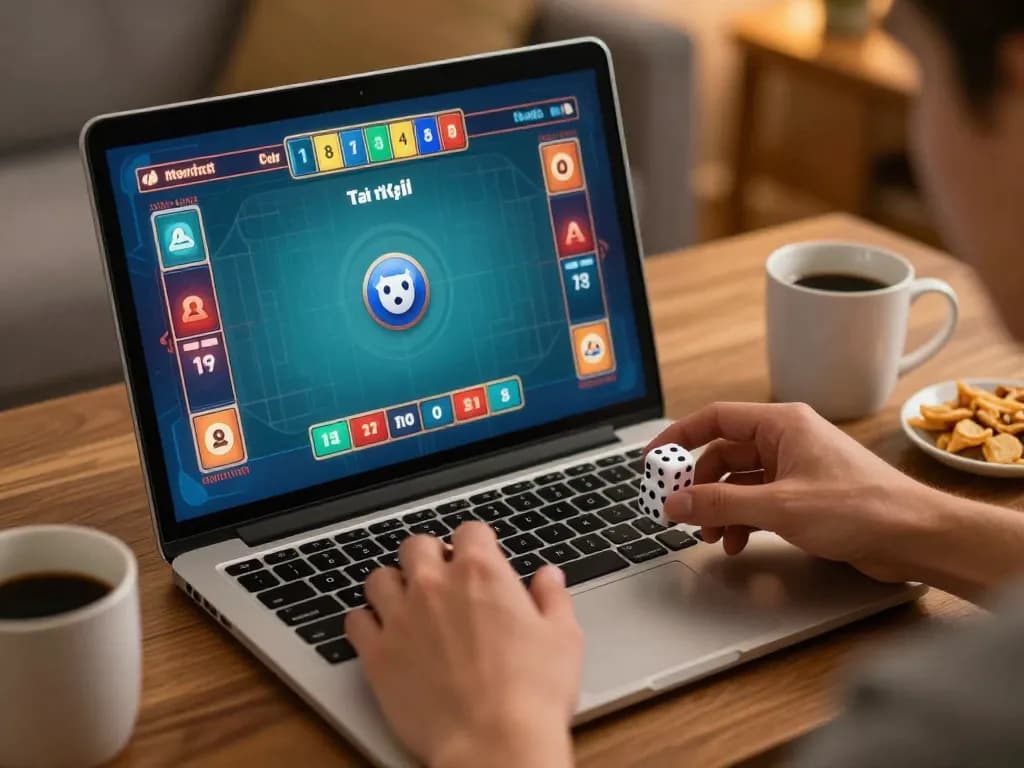 Tài Xỉu 10 online gameplay showing dice in action on a laptop screen in a cozy setting.