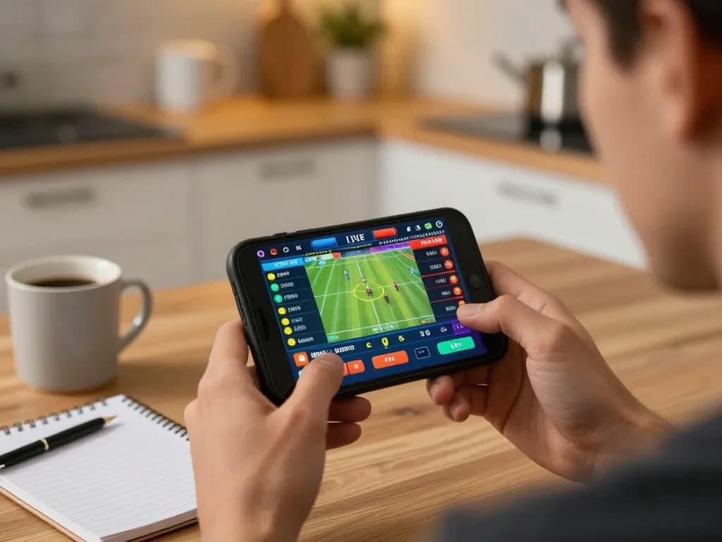 Player engaged in online betting on smartphone while checking live odds at home, showcasing 79sodoni.
