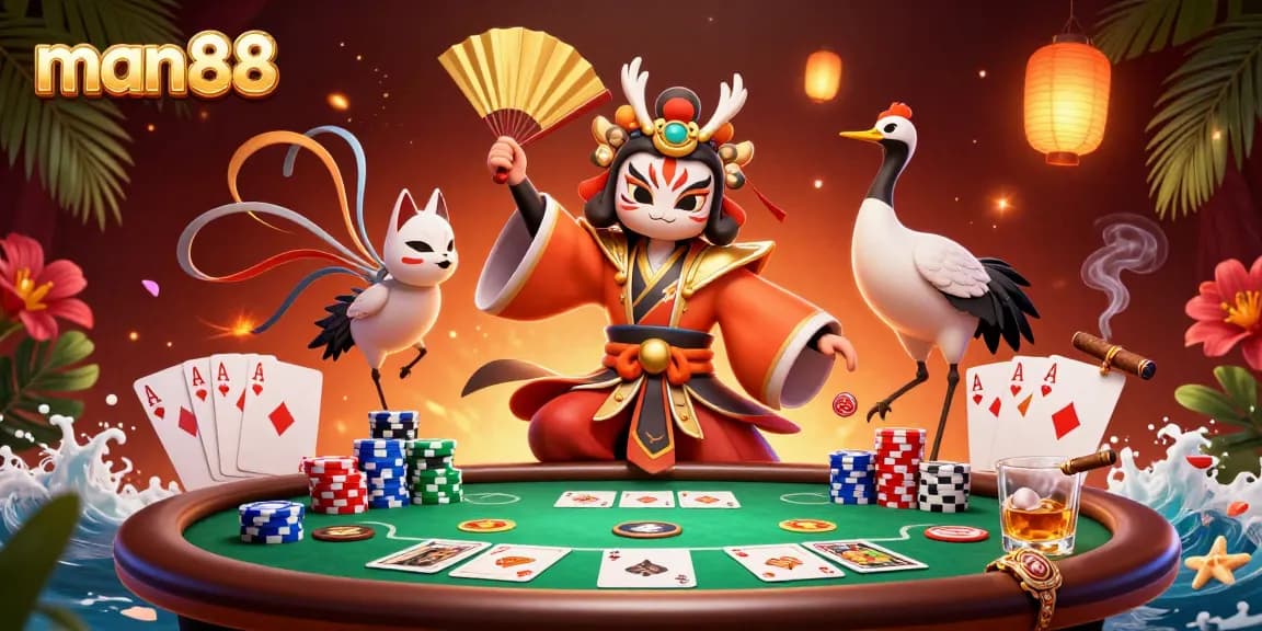 Experience excitement with man88 as colorful poker elements surround kabuki characters.