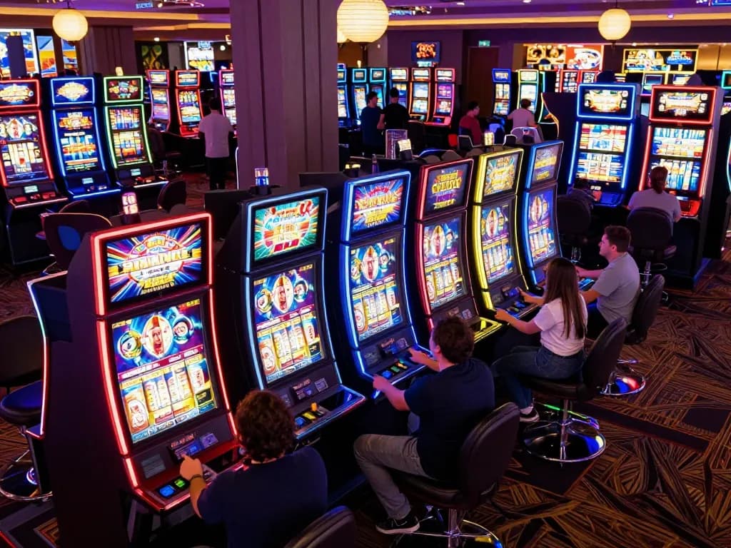 Players engaging with slot machines at Sunwingo casino, showcasing excitement and dynamic gaming action.