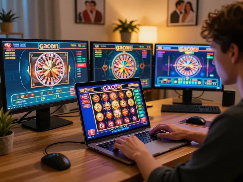 Player celebrating a win while enjoying slot gacor on laptop, showcasing an engaging online gambling atmosphere.