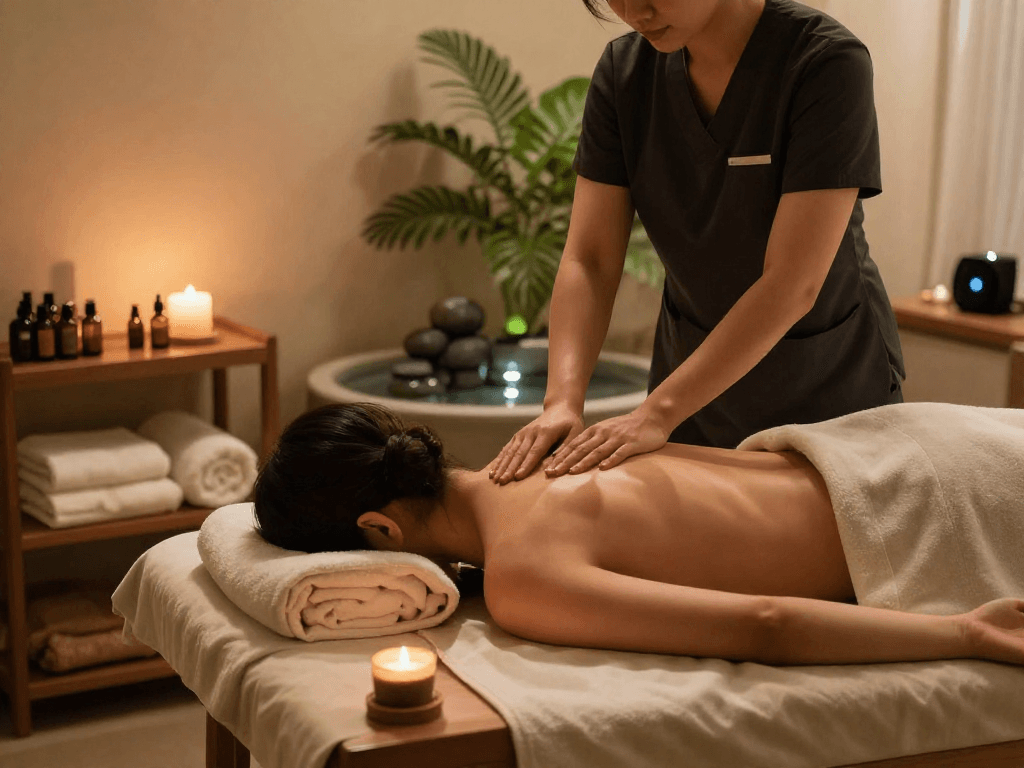 Relaxing 성북구출장안마 therapy session in a tranquil spa with calming elements.