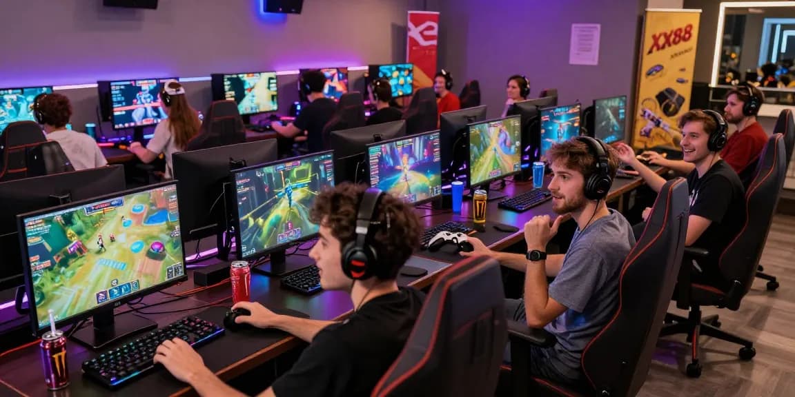Diverse gamers immersed in vibrant online gameplay at XX88 gaming lounge.
