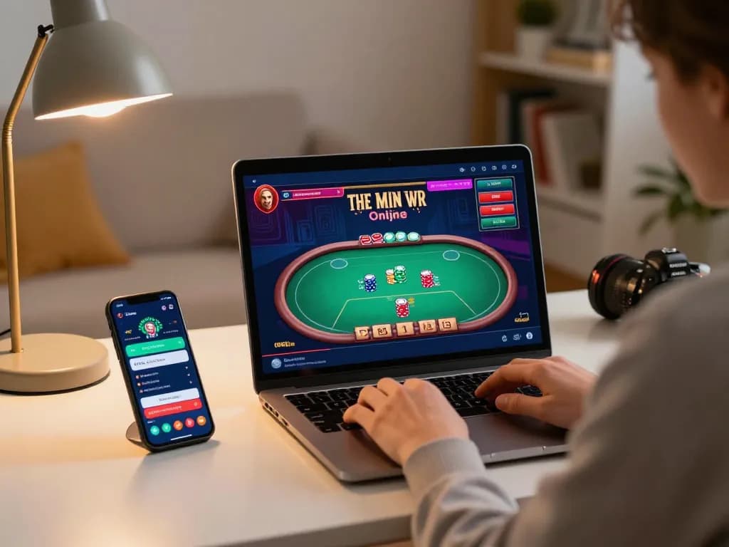 Engaging online poker gameplay with kuwin app displayed on laptop and smartphone on desk