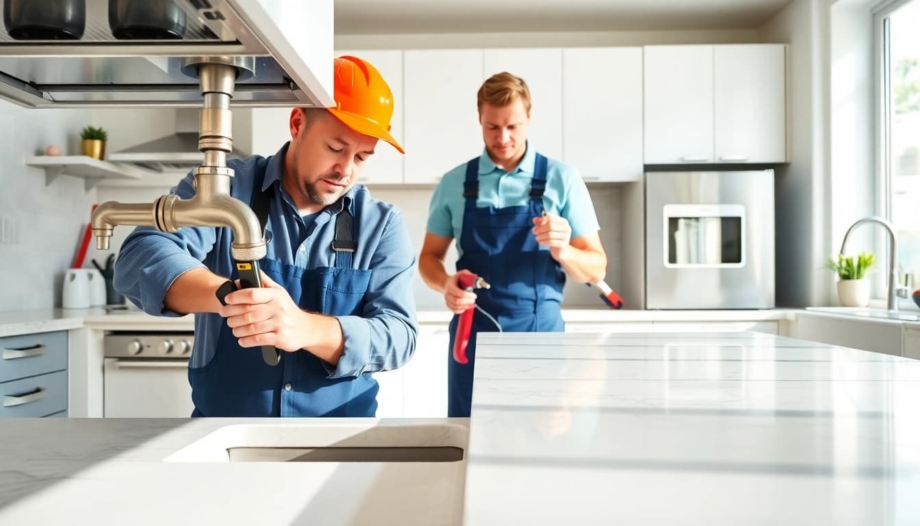 Plumbers North Vancouver fixing plumbing in a modern kitchen, showcasing expert teamwork.