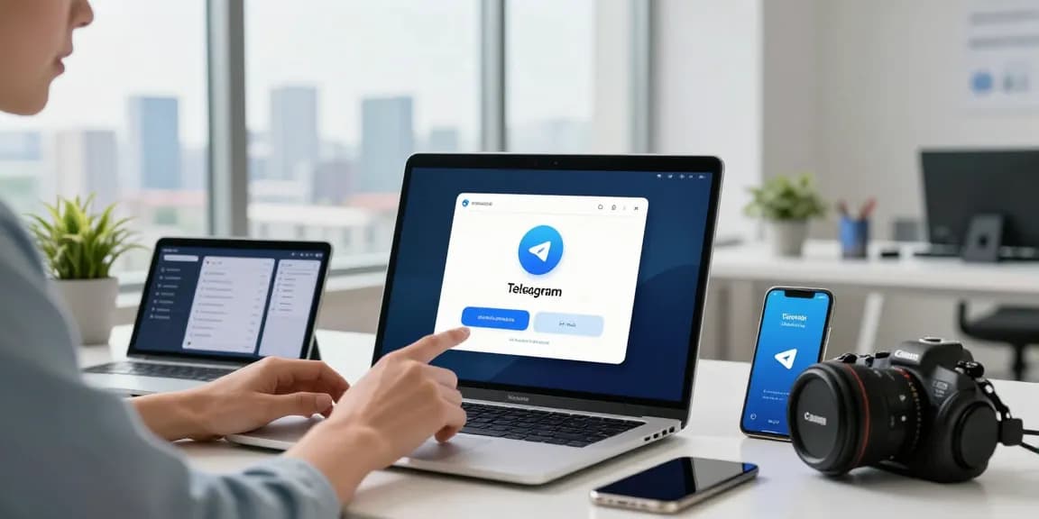 Engaging workspace scene showing a user performing a Telegram download on a laptop with tech gadgets in a bright setting.