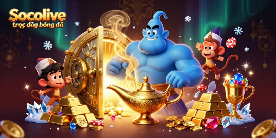 Socolive trực tiếp bóng đá showcases a dynamic genie, monkey, and flying carpet in a rich casino-themed scene.