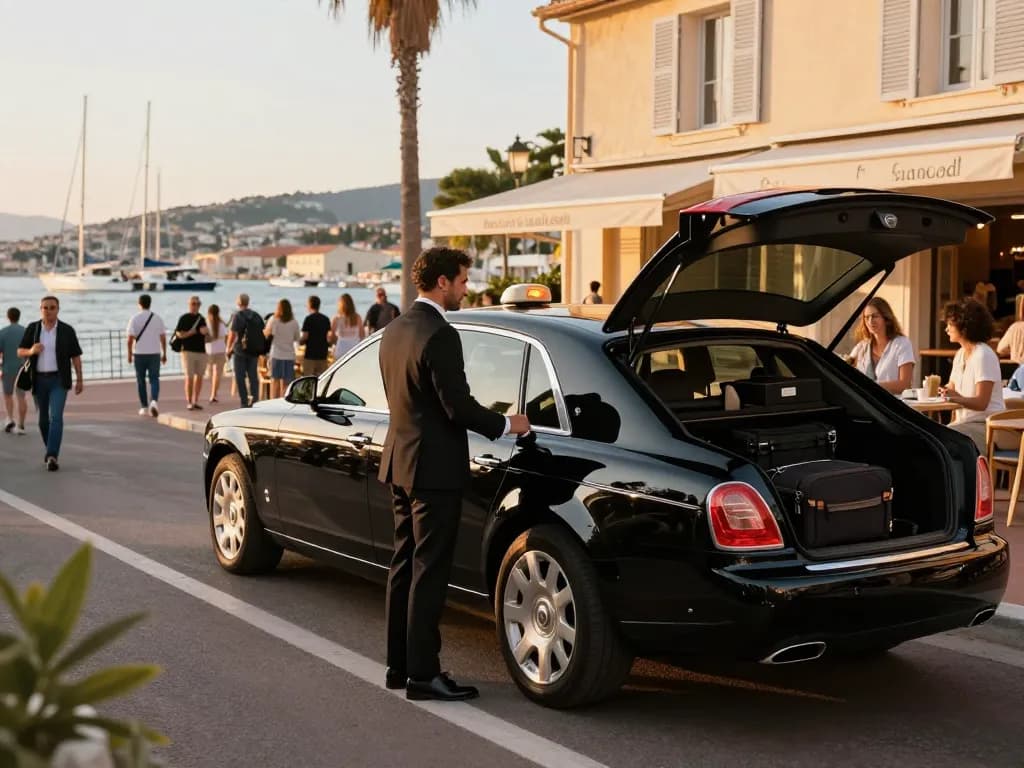 Service de taxi à Saint-Tropez de luxe avec chauffeur professionnel et voyageurs heureux dans une scène animée de rue.