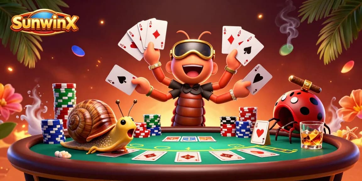Experience thrilling gameplay at sunwinx with cartoon dealer and high-roller snails amidst colorful casino elements.