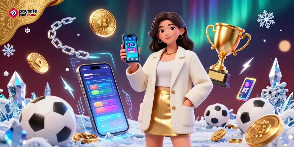Sichere Einzahlung im Paysafe Card Casino mit einer freundlichen asiatischen Frau, die eine Wett-App zwischen lebhaften Spielelementen zeigt.