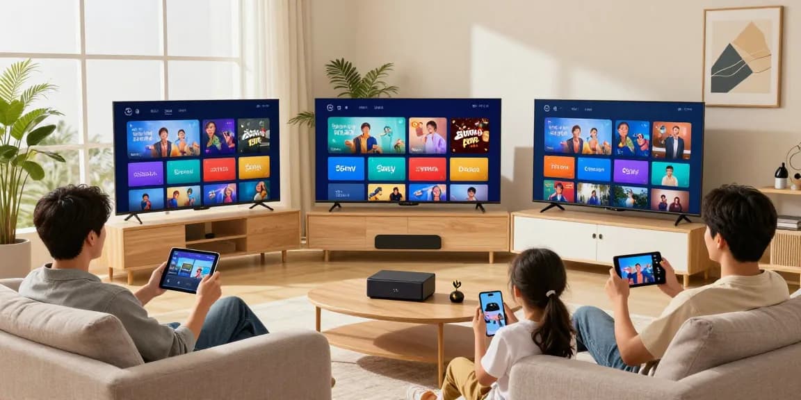Family enjoying IPTV multi screens in a stylish living room.