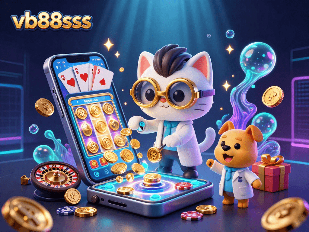 Play exciting games at vb88sss with a vibrant scene featuring a scientist cat creating gold coins amidst thrilling slot and casino game visuals.