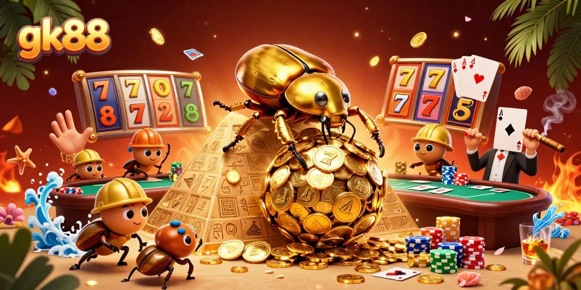 Experience thrilling gambling adventure with gk88 as golden beetles roll coins at an enticing casino scene.