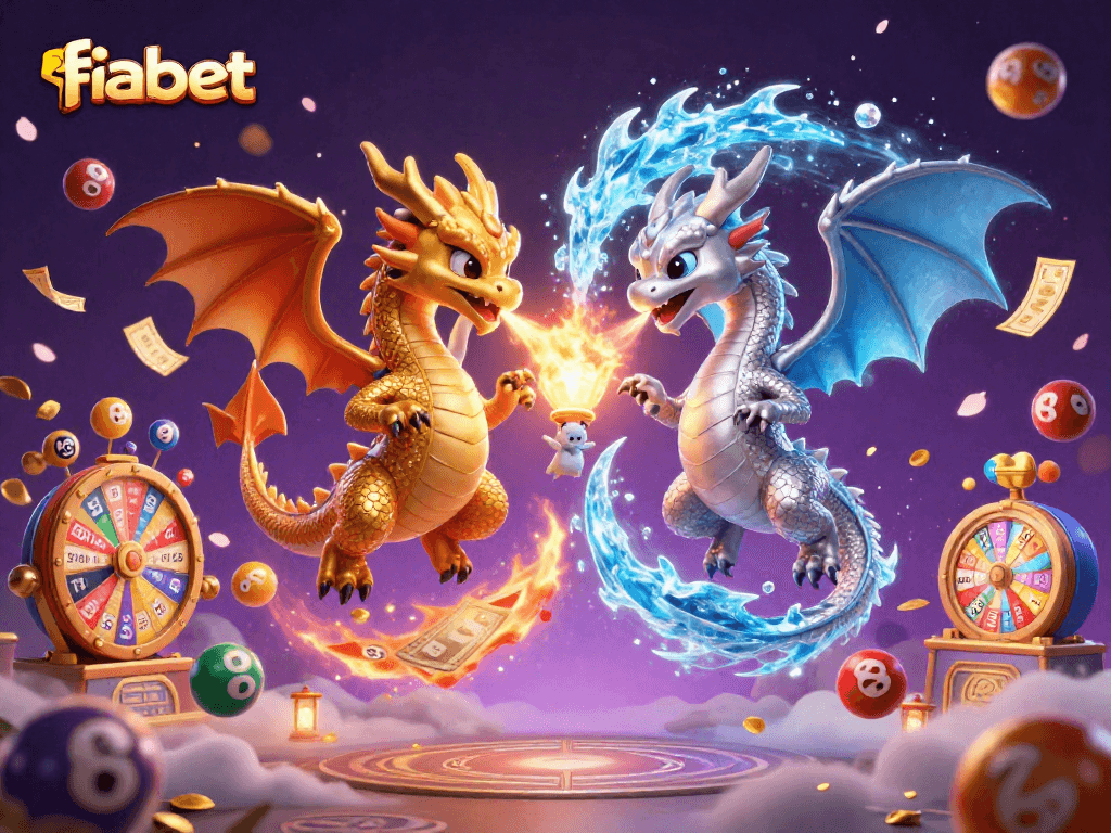 Experience the excitement at fabet with dual dragon characters unleashing fiery and icy elements amid vibrant casino game motifs.