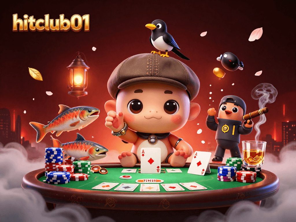 Experience the excitement of hitclub01 with a vibrant 3D illustration showcasing playful characters at a poker table.