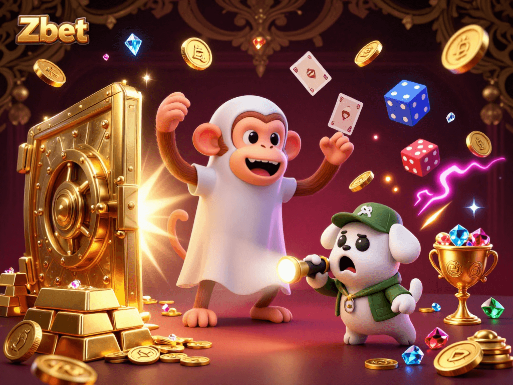 Zbet brings thrilling gambling excitement alive with a mischievous monkey and curious puppy in a vibrant casino scene.