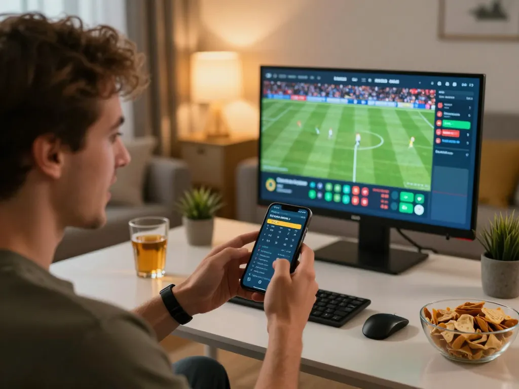 Engaging sports betting at home with mm88star app on smartphone, analyzing odds and placements