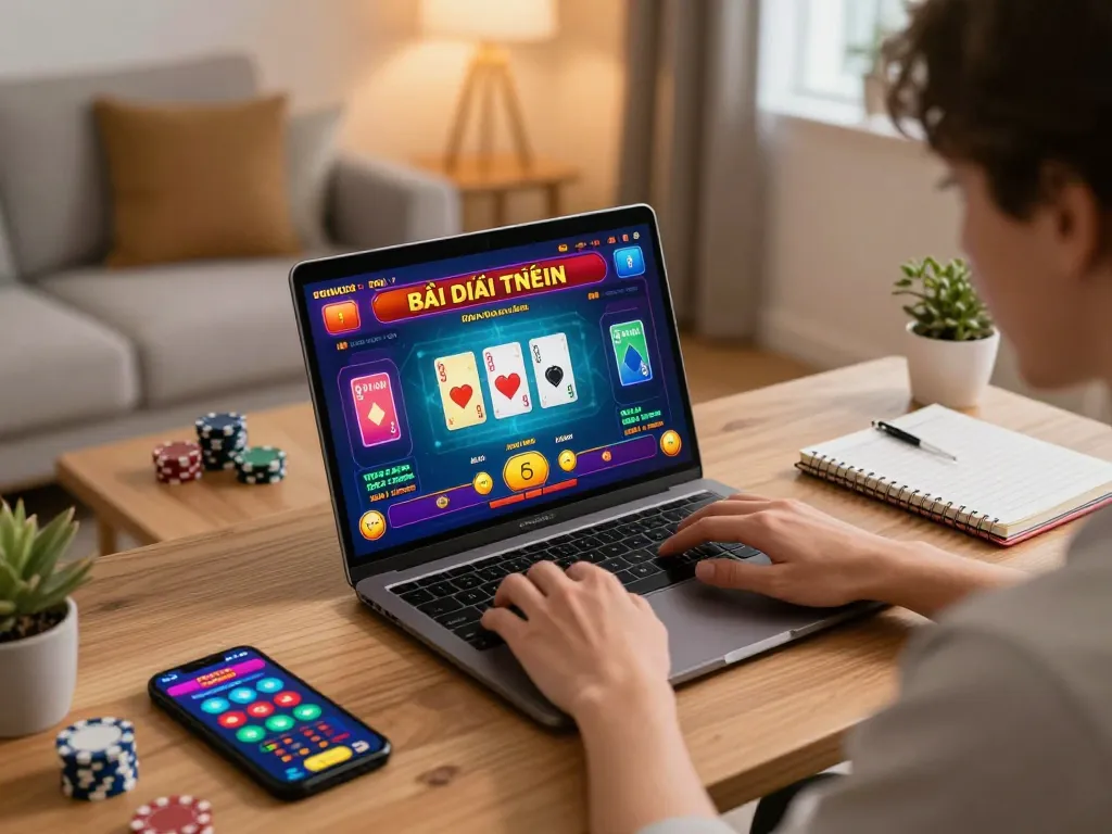 Engaged player enjoying game bài đổi thưởng on laptop, surrounded by strategic notes and devices.