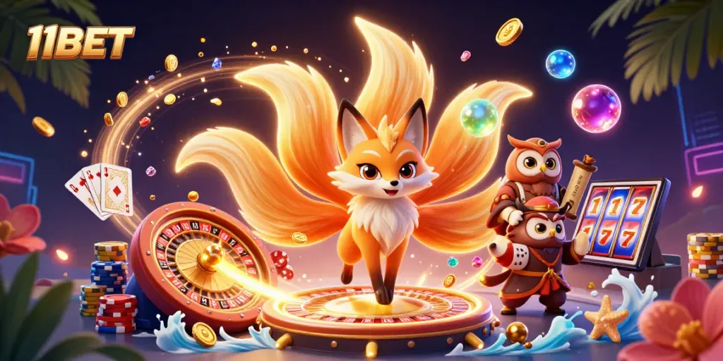 Experience the excitement of 11BET with a vibrant 3D casino illustration showcasing engaging gaming elements.
