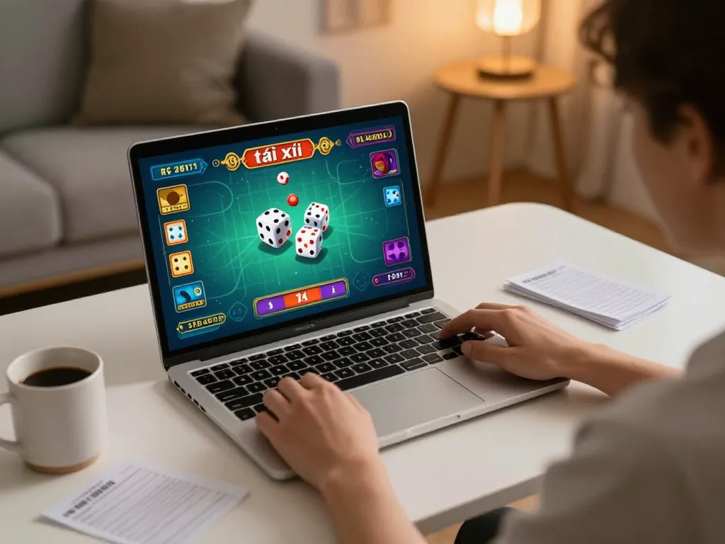 Engaging in game tài xỉu online from a cozy home office with strategic notes visible.