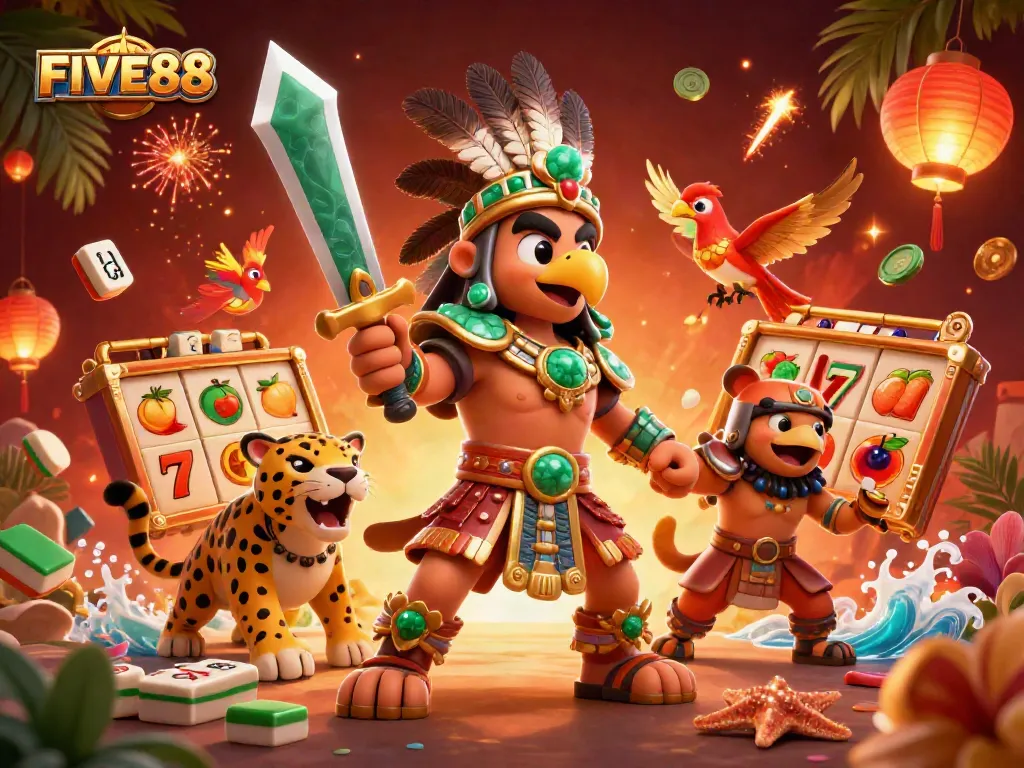 Experience the excitement of FIVE88 with vibrant slot reels and engaging characters in a festive casino scene.