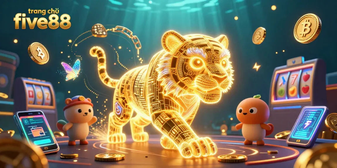 Play at trang chủ five88 with a vibrant 3D illustration of a golden tiger in a digital casino.