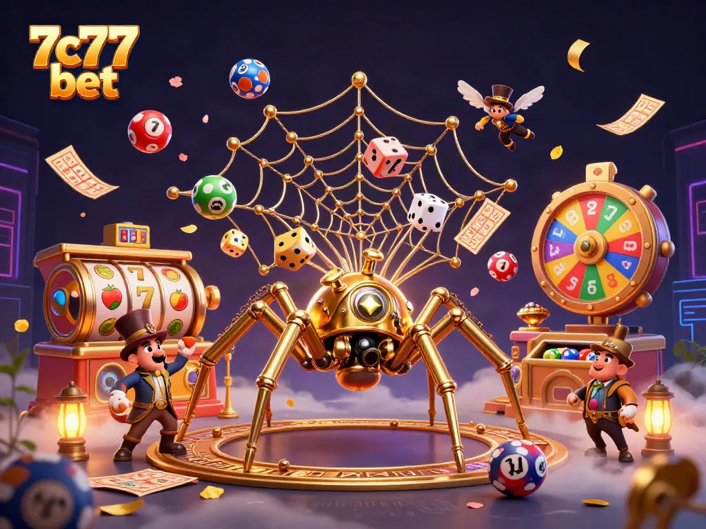 Experience excitement with 7c77 bet featuring dynamic lottery and casino elements in a vibrant, engaging scene.