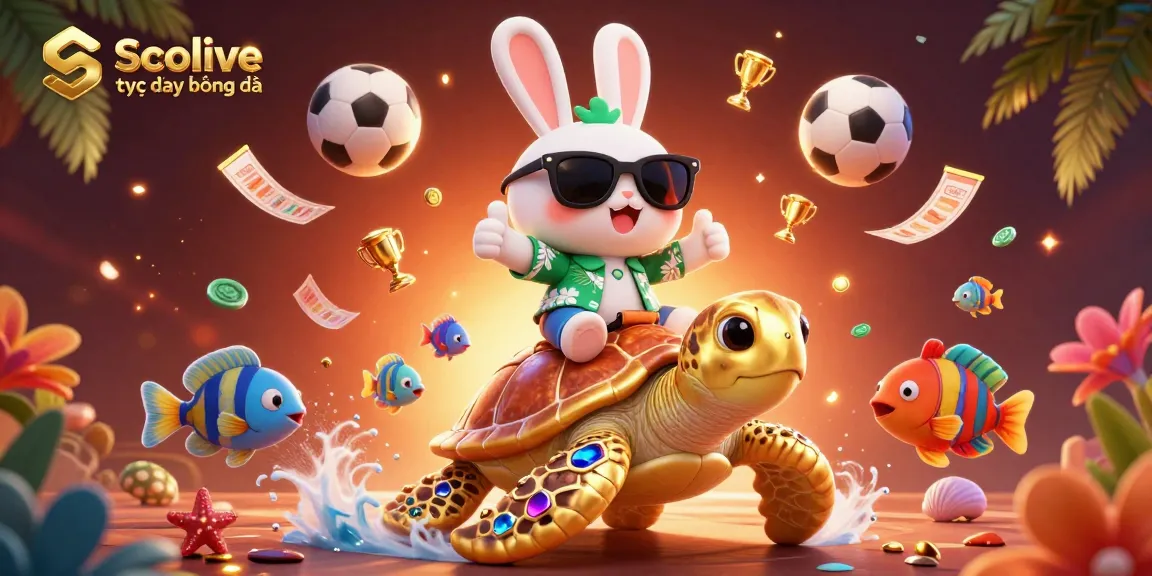 Socolive trực tiếp bóng đá scene with a lucky rabbit and golden turtle amidst vibrant sports betting graphics.