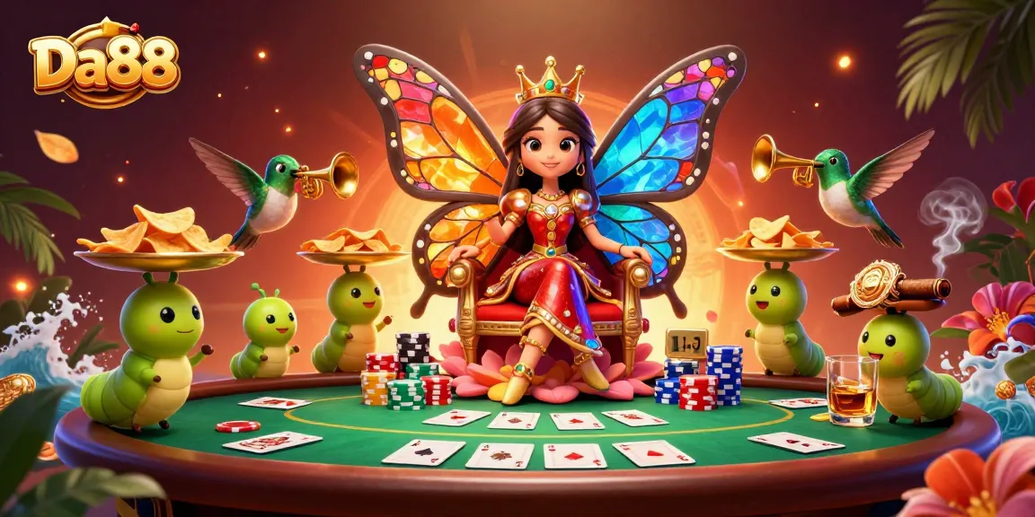 Experience thrilling poker action with Da88, featuring vibrant characters and colorful chips in a luxurious casino scene.