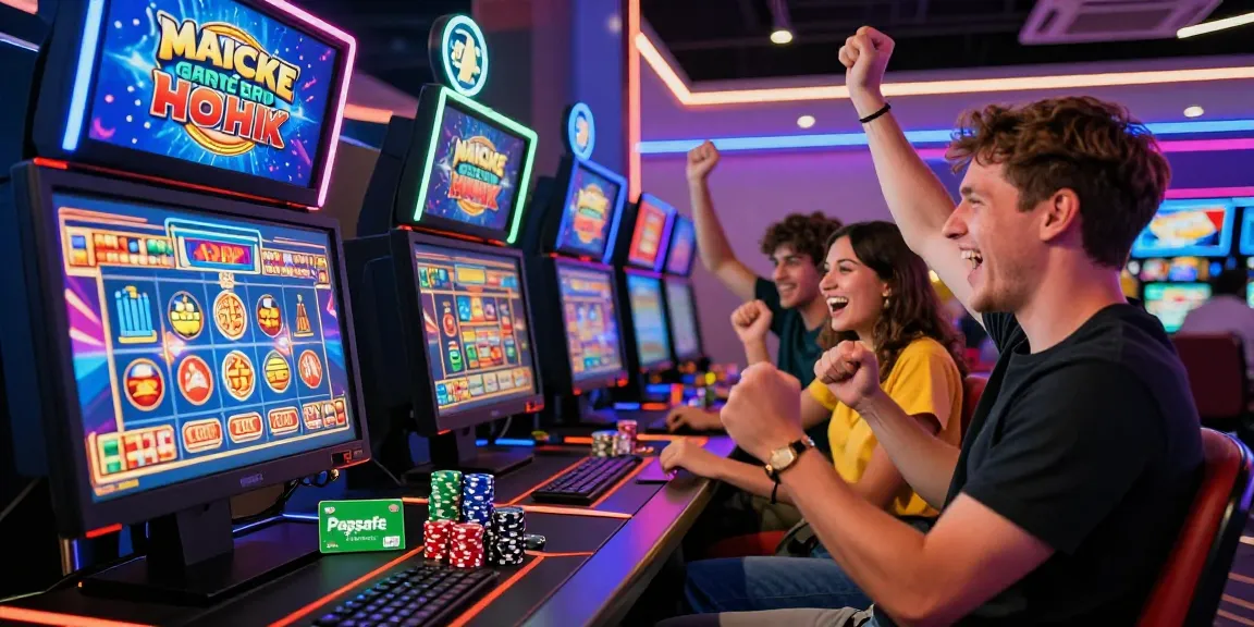 Gruppe feiert einen Gewinn in einem Paysafe Card Casino mit lebhaften Spielgrafiken.