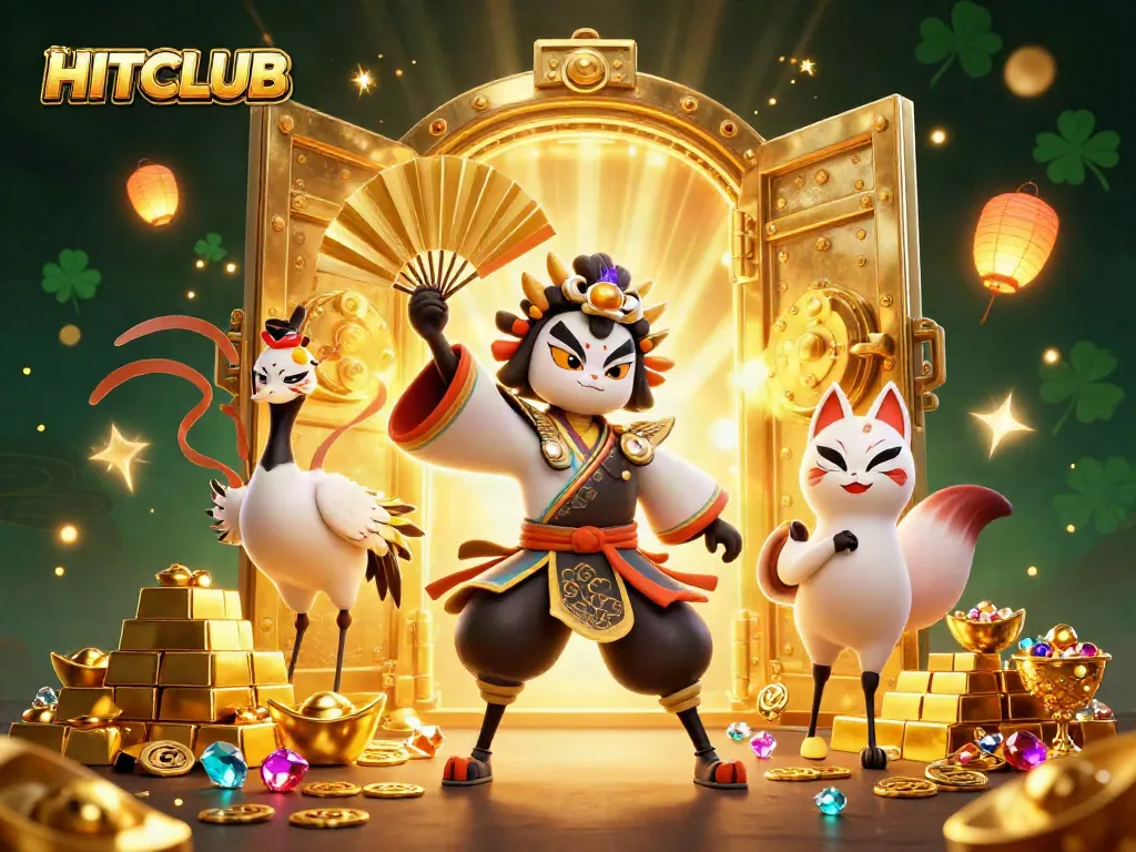Engage with HITCLUB's thrilling atmosphere amidst sparkling treasures and vibrant casino elements.