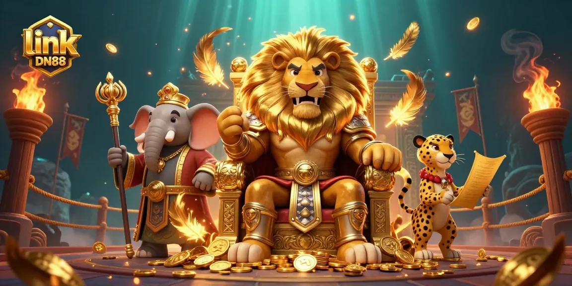 Engage in the thrilling adventure of link DN88 with a lion king overseeing a vibrant casino scene.