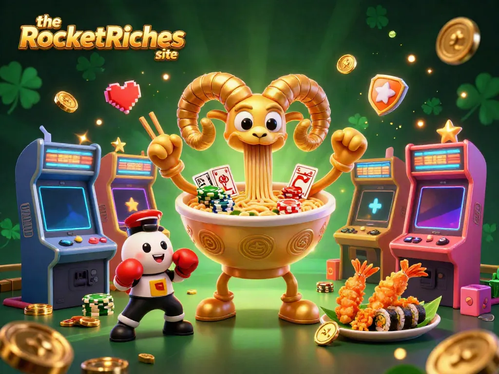 Experience excitement at the RocketRiches site with a vibrant casino illustration featuring characters gambling and playing games.