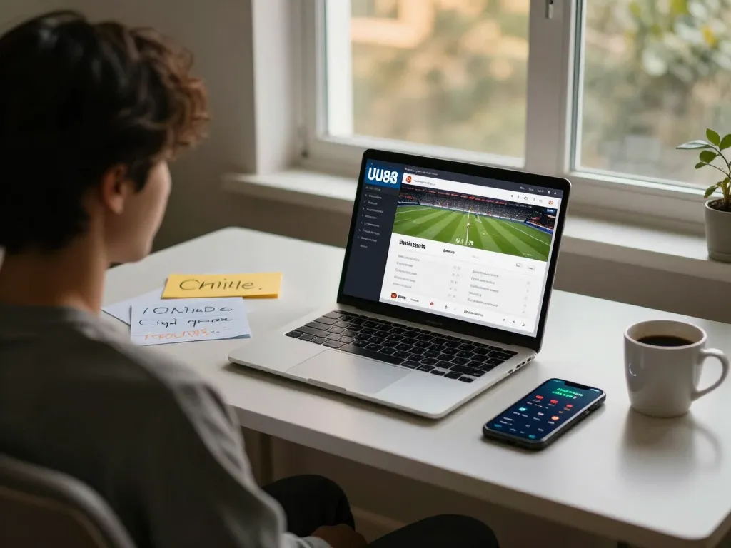 Experience UU88 online sports betting at home with engaging setup, laptop showing betting interface.