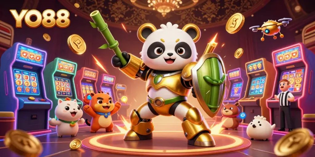 Experience thrilling gameplay with YO88 as our mech-suit panda battles in an electrifying casino arena.