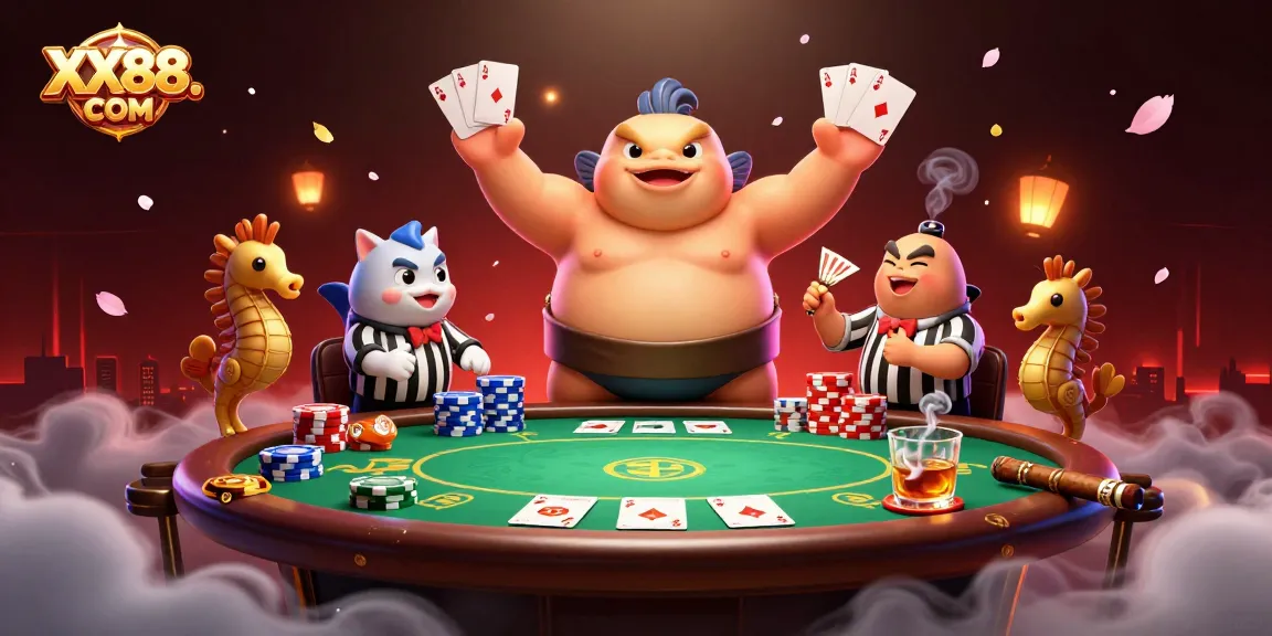 Engage in thrilling poker action at XX88. COM featuring a lively underwater scene with dynamic characters.