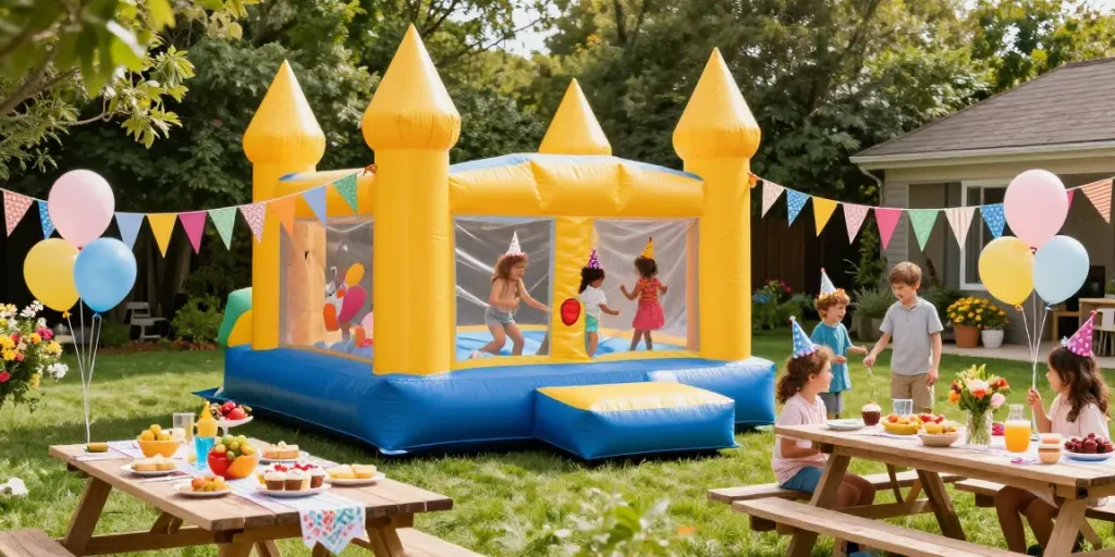 Children enjoying a colorful inflatable castle at a lively outdoor party.