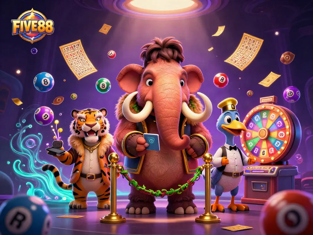 Experience excitement at FIVE88 casino with a vibrant illustration featuring playful characters and dynamic gaming elements.
