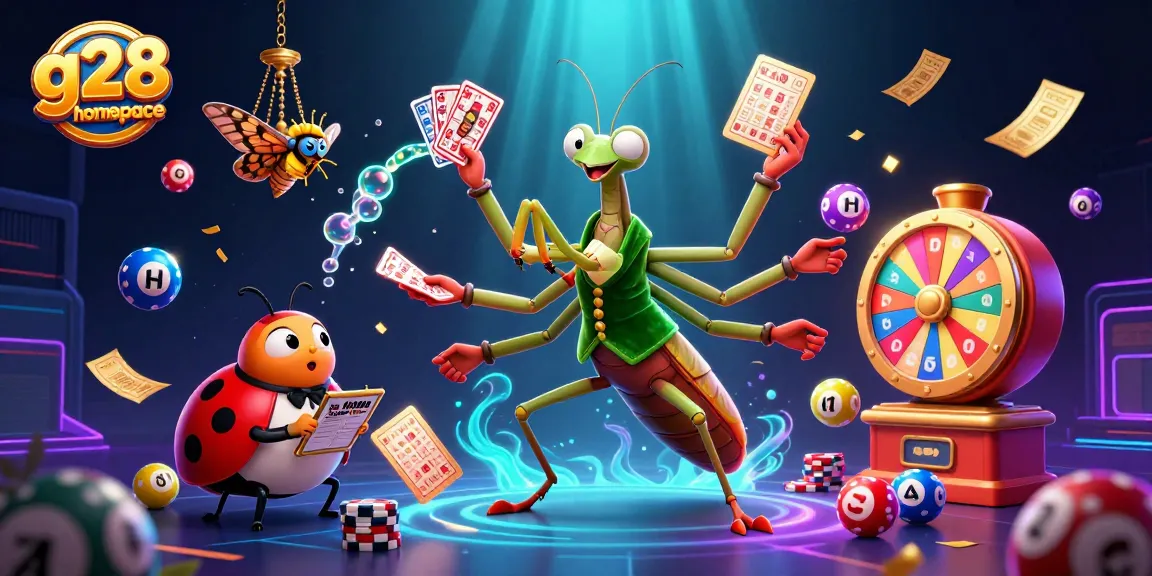 Engage with the g28 homepage where a giant mantis deals cards and lottery balls burst around in a vibrant casino scene.