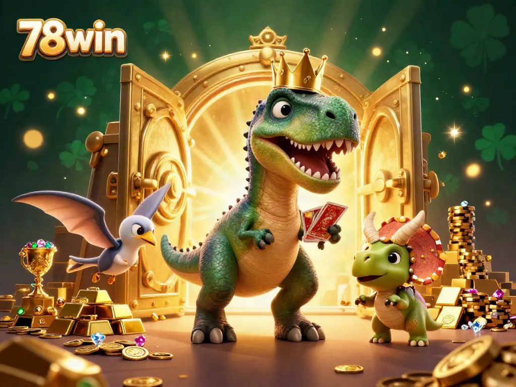 Experience thrilling games at 78win com with a playful T-Rex and friends shuffling cards.