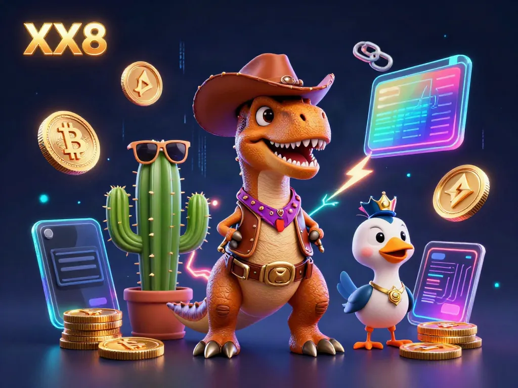 Join the action at XX8 with a vibrant casino-themed scene featuring a T-Rex and friends surrounded by crypto coins.