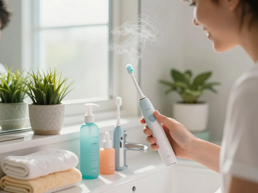 Using Laifen electric toothbrush, highlighting its sleek design and vibrant bathroom aesthetics.