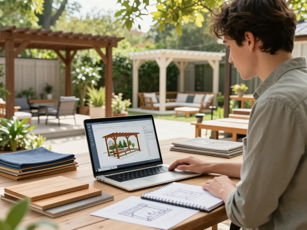 Professional using Pergola Configurator Software to design a custom outdoor pergola in a bright garden showroom.