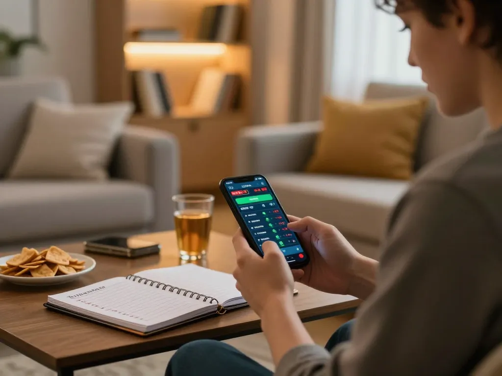 Engaging in kèo nhà cái betting strategies at home with smartphone in comfortable living room.