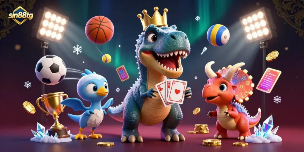 Experience thrilling gaming action at sin88tg with a dynamic scene of a T-Rex shuffling cards in a casino.