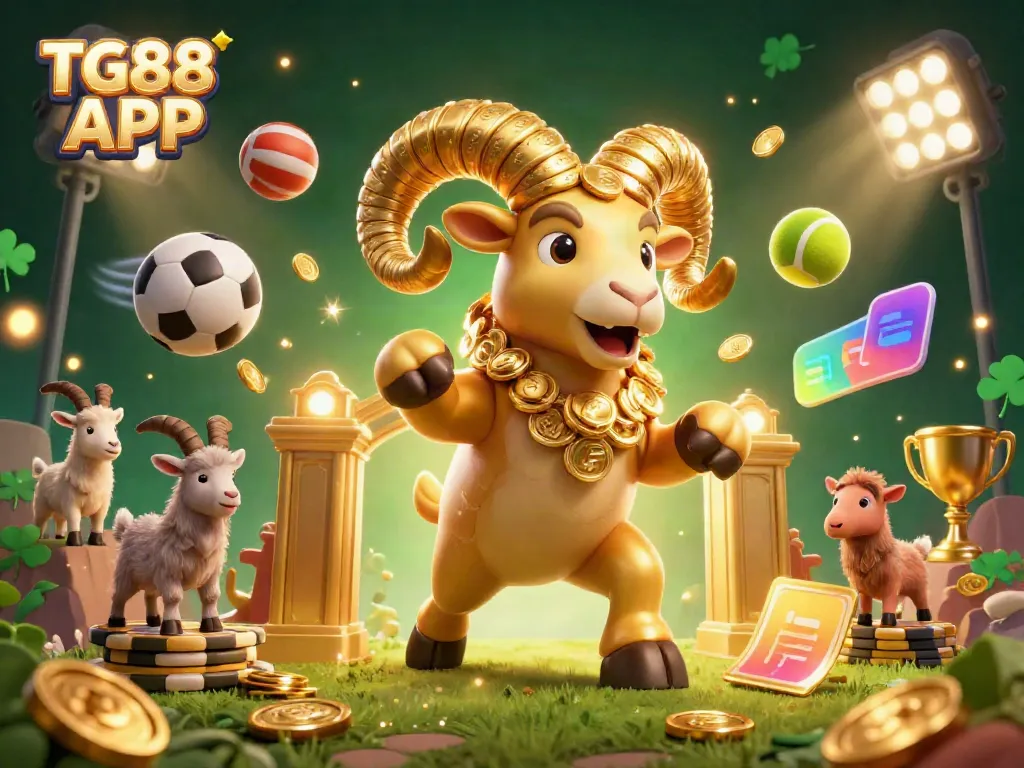 Experience thrilling gaming with the TG88 APP, featuring a golden ram charging through a vibrant casino scene.